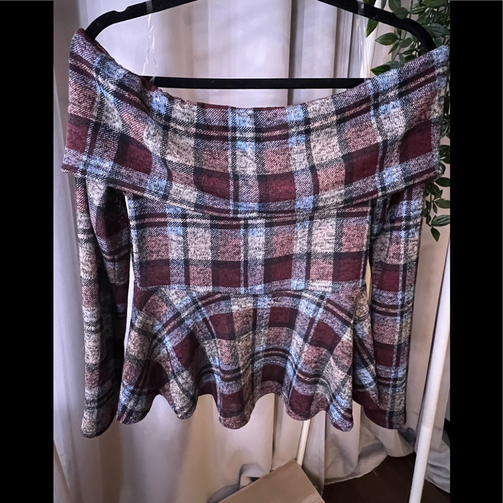 Plaid off the shoulder top
